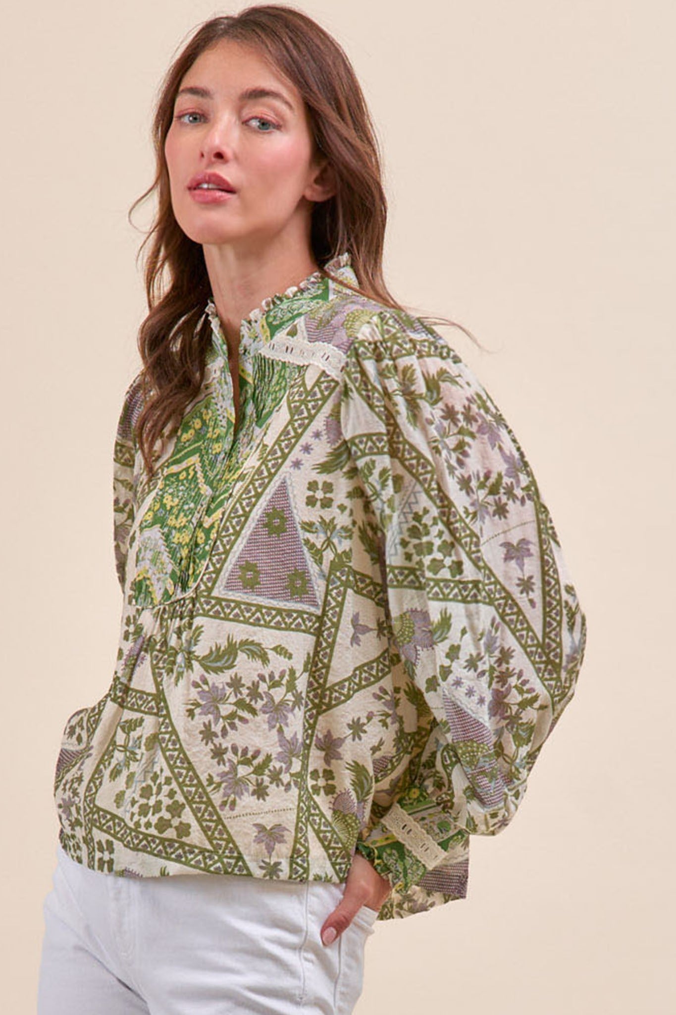 Patchwork Print Lace Trim Blouse