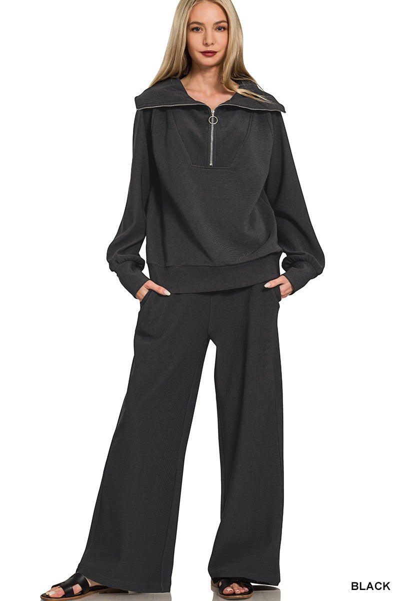 Black Ribbed Quarter Zip Set