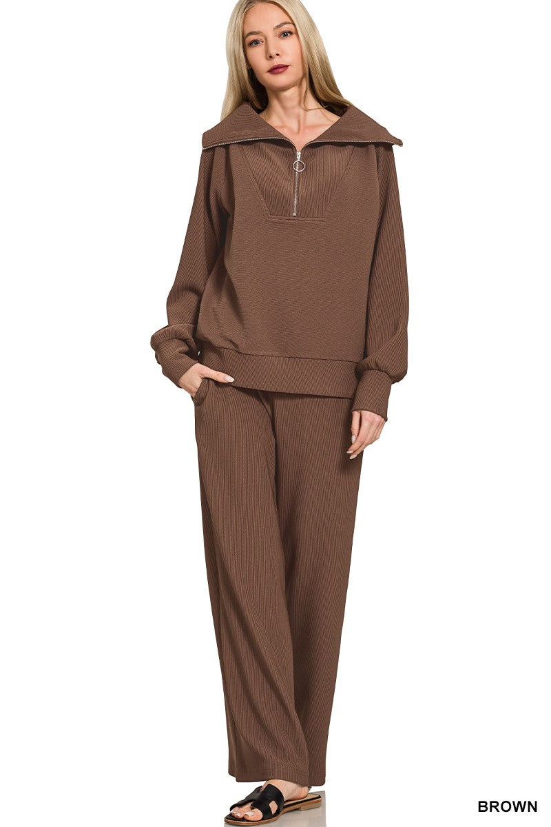 Brown Ribbed Quarter Zip Set