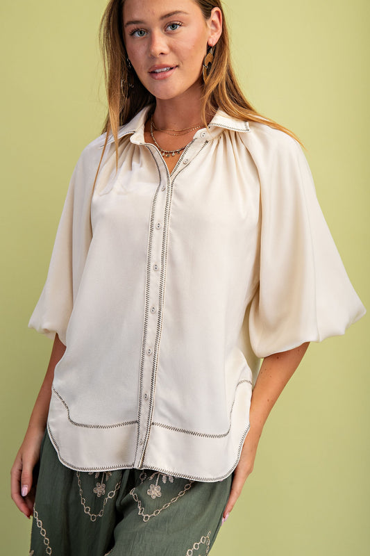 Plus Cream Balloon Sleeve Blouse