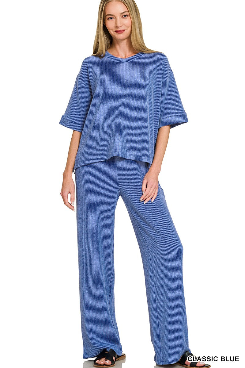 Classic Blue Ribbed Pants Set