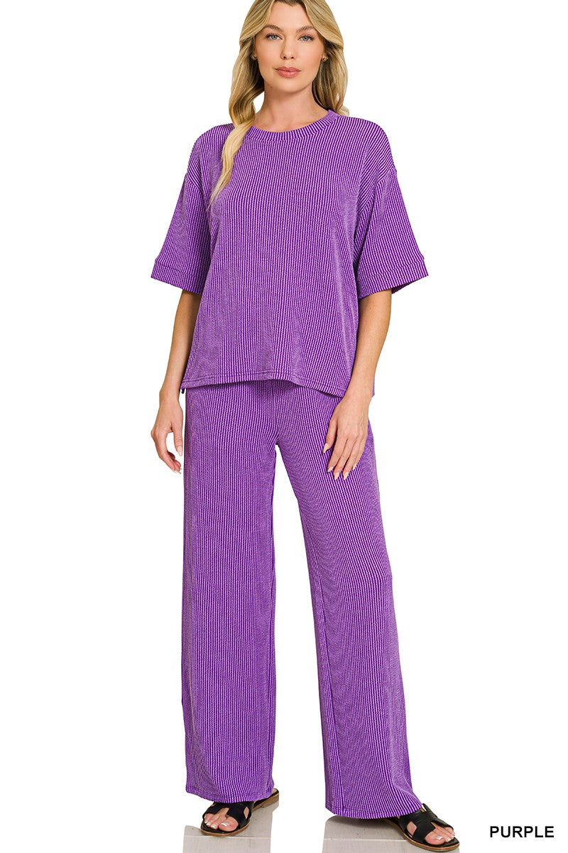 Purple Ribbed Pants Set