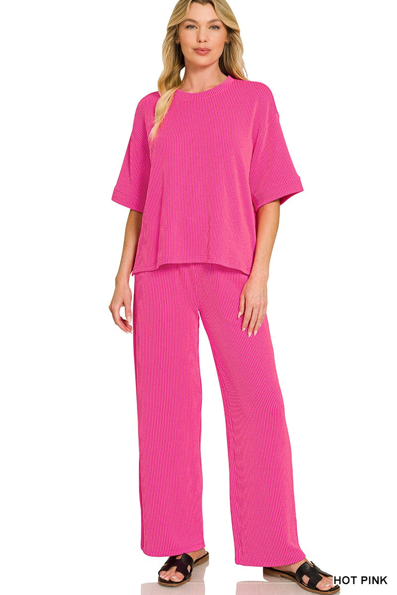 Hot Pink Ribbed Pants Set