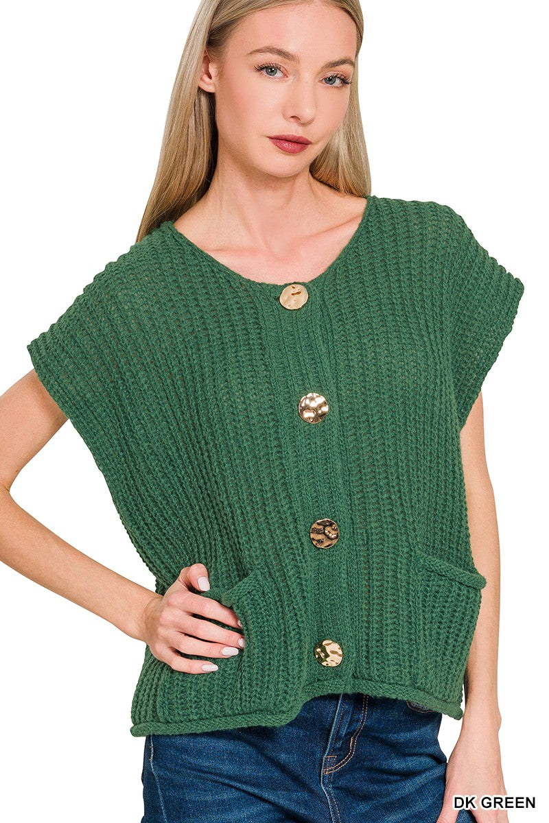 Dark Green Gold Button Sweater