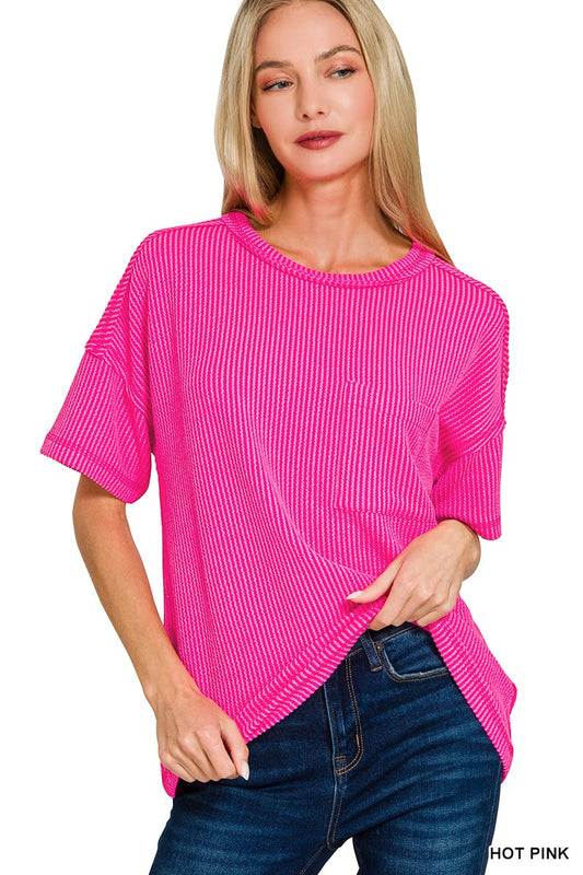 Hot Pink Raised Rib Exposed Seam Top