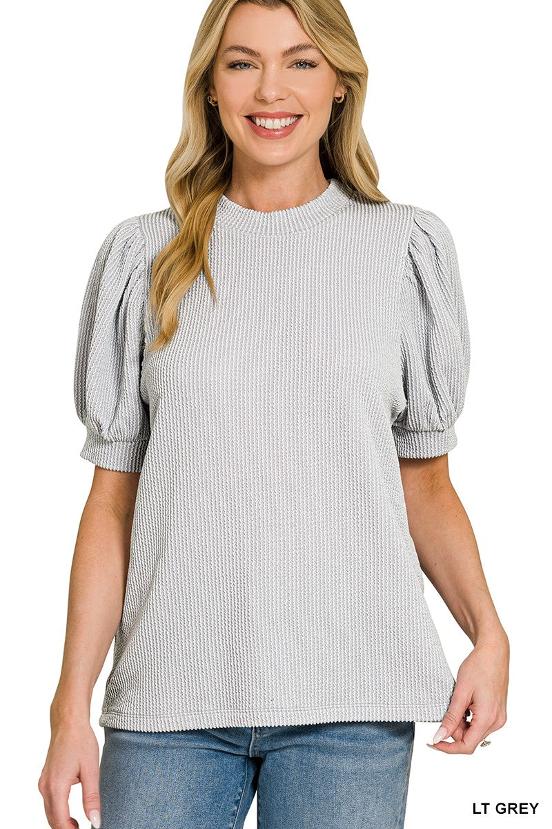 Light Grey Ribbed Puff Sleeve Top