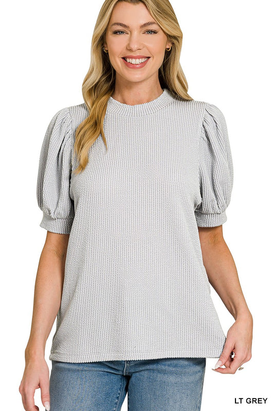Light Grey Ribbed Puff Sleeve Top