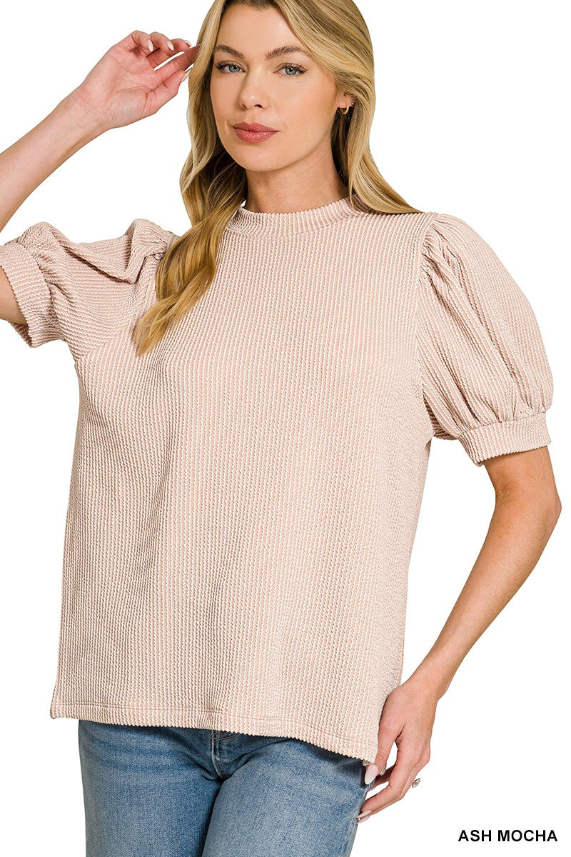 Ash Mocha Ribbed Puff Sleeve Top