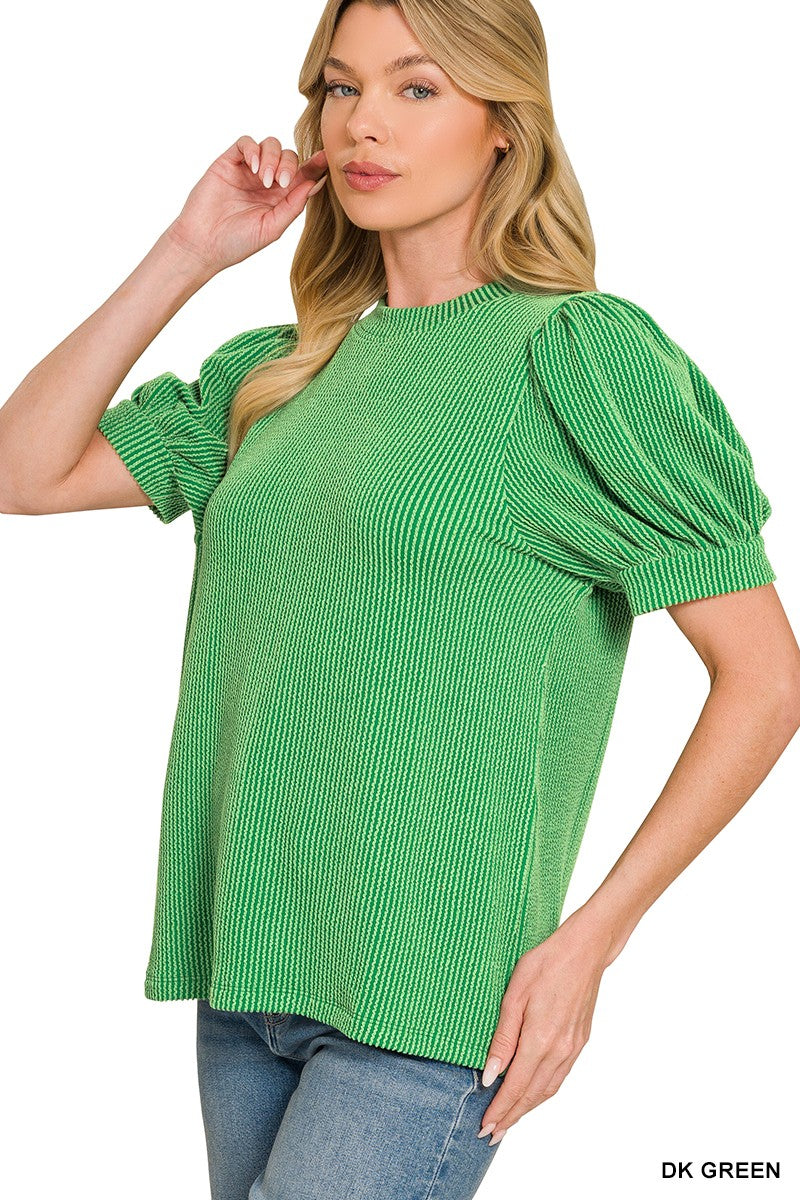 Dark Green Ribbed Puff Sleeve Top