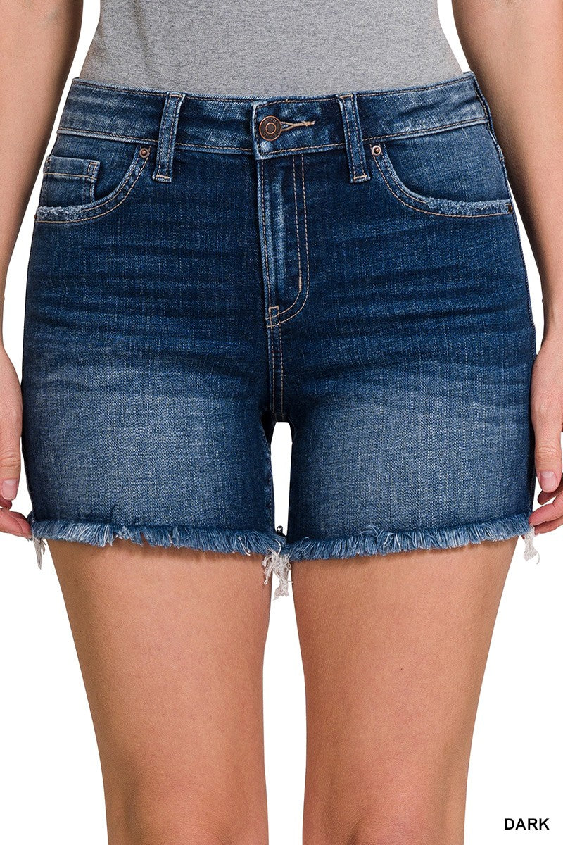 Dark Wash Mid Rise Frayed Hem Shorts