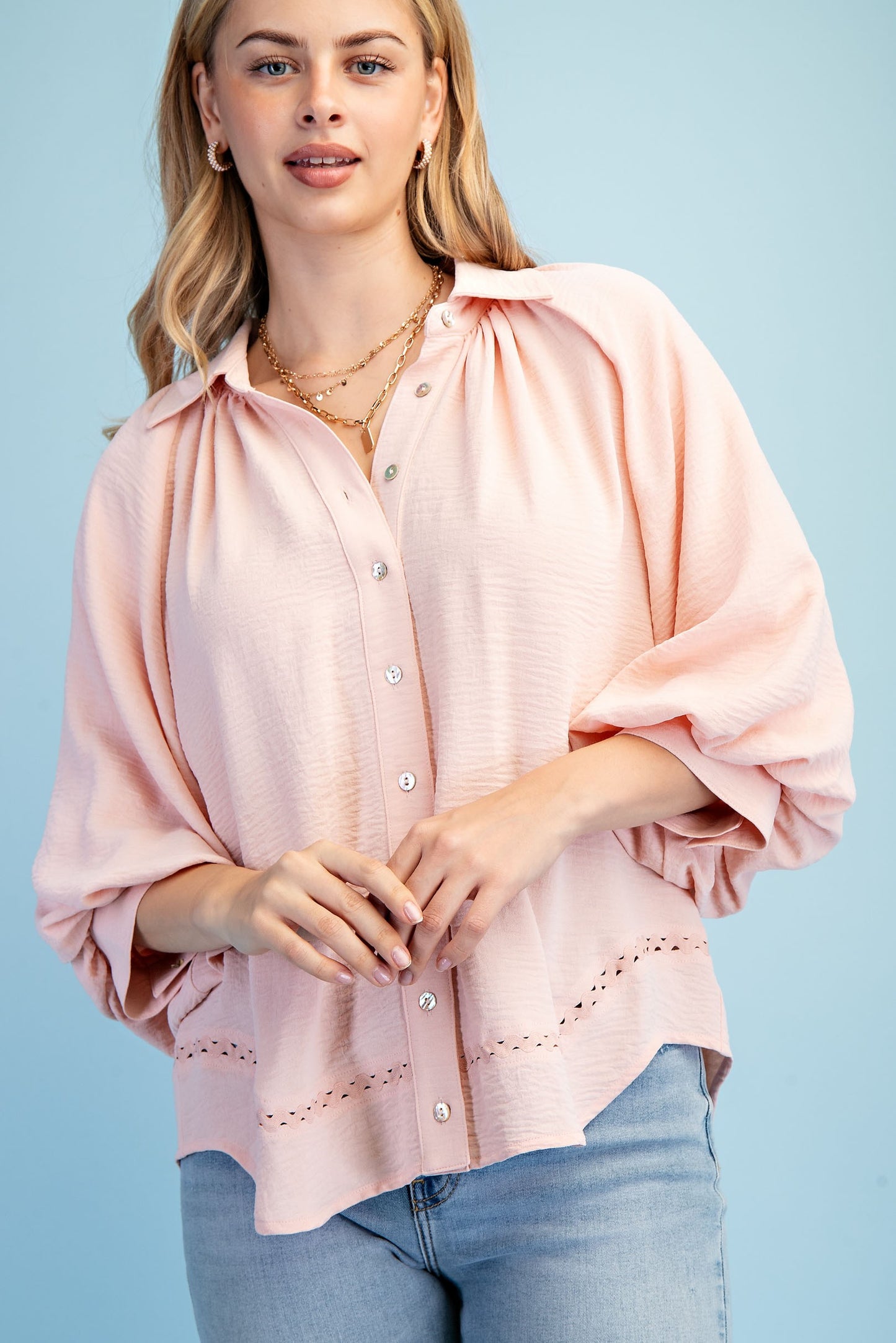 Baby Pink Sleeve Button Down Blouse