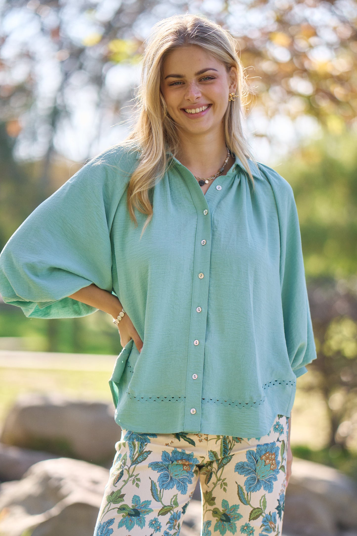 Plus Mint Balloon Sleeve Blouse