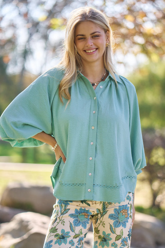 Plus Mint Balloon Sleeve Blouse