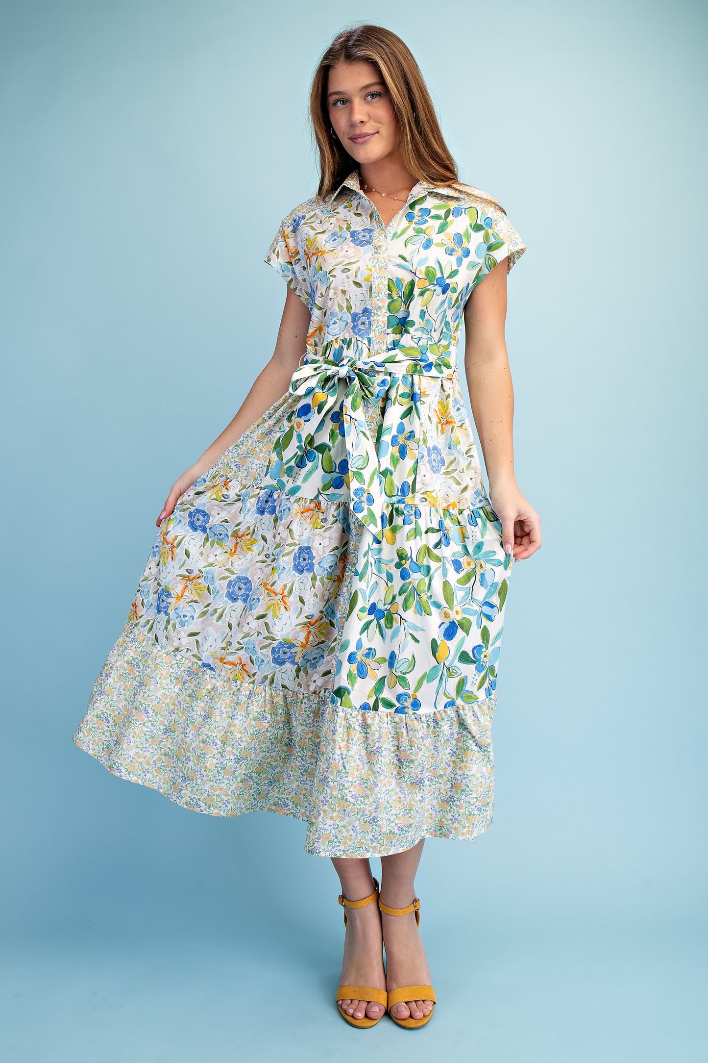 Blue Mix Floral Print Midi Dress