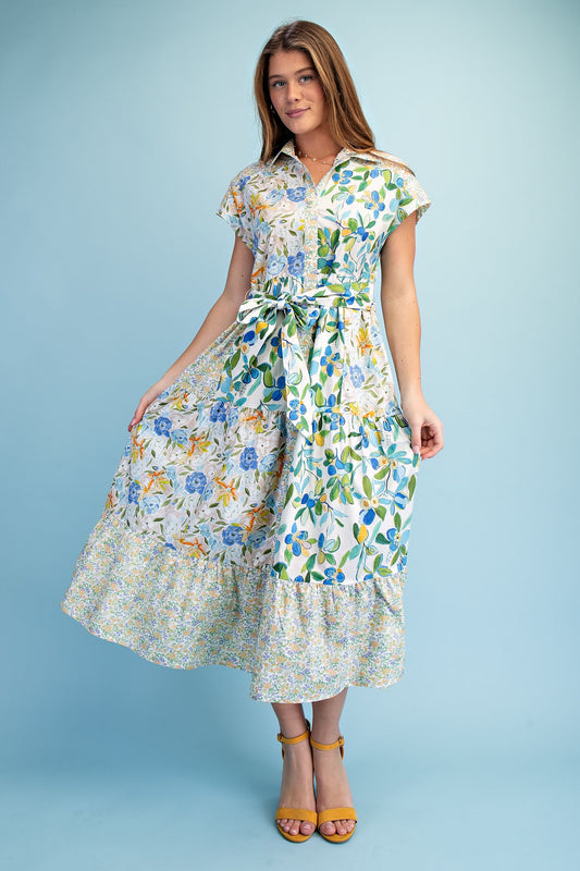 Blue Mix Floral Print Midi Dress