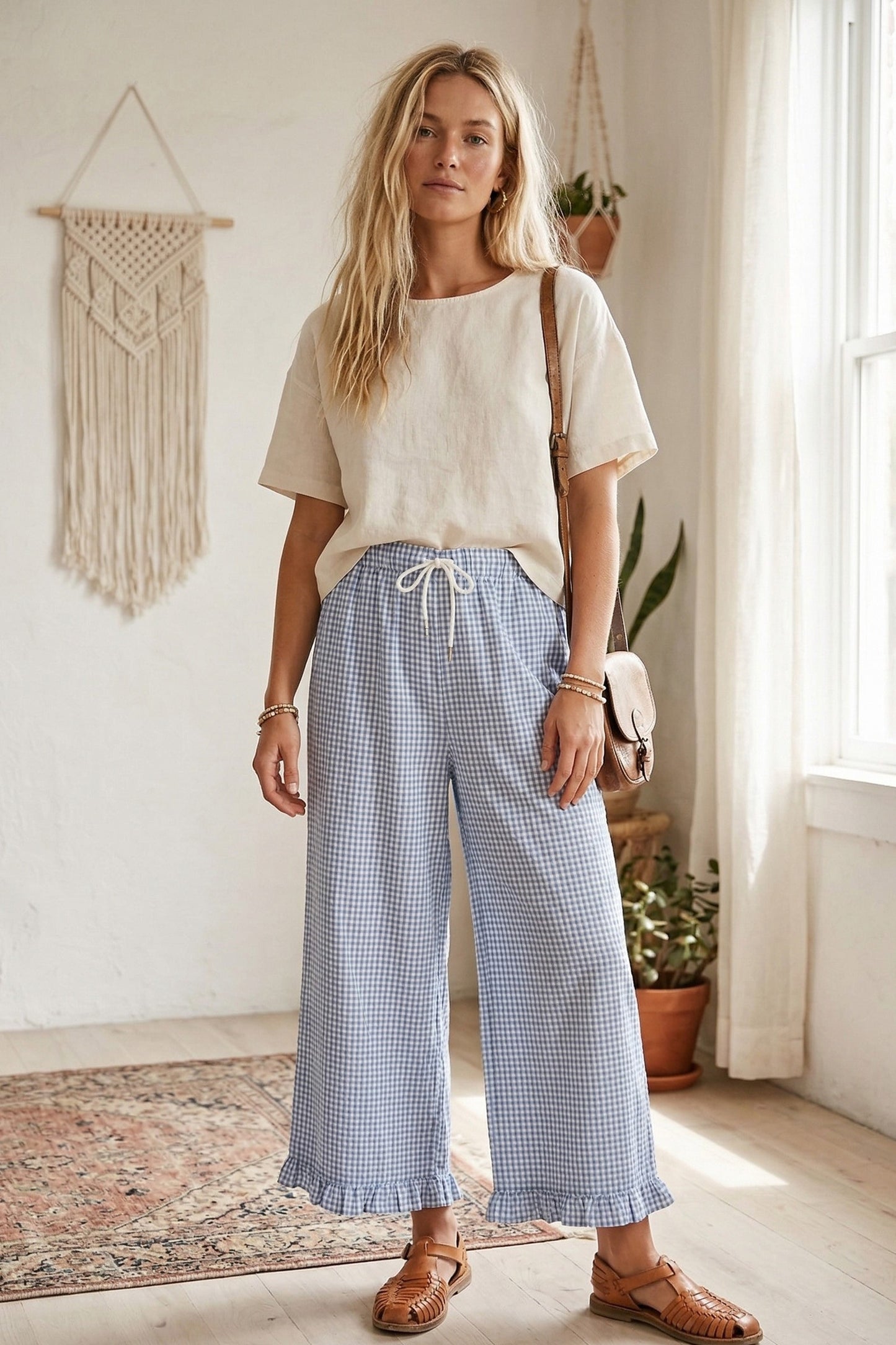 Blue & White Gingham Ruffle Pants