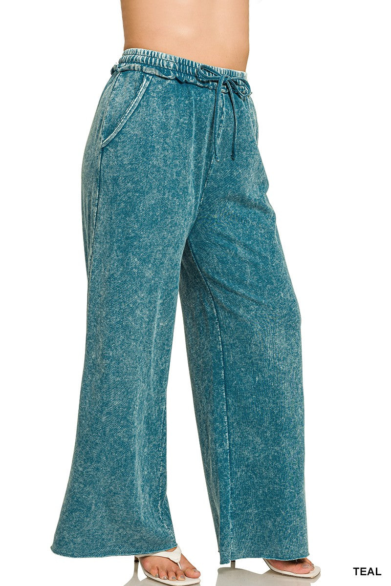 Plus Teal Acid Wash French Terry Pants
