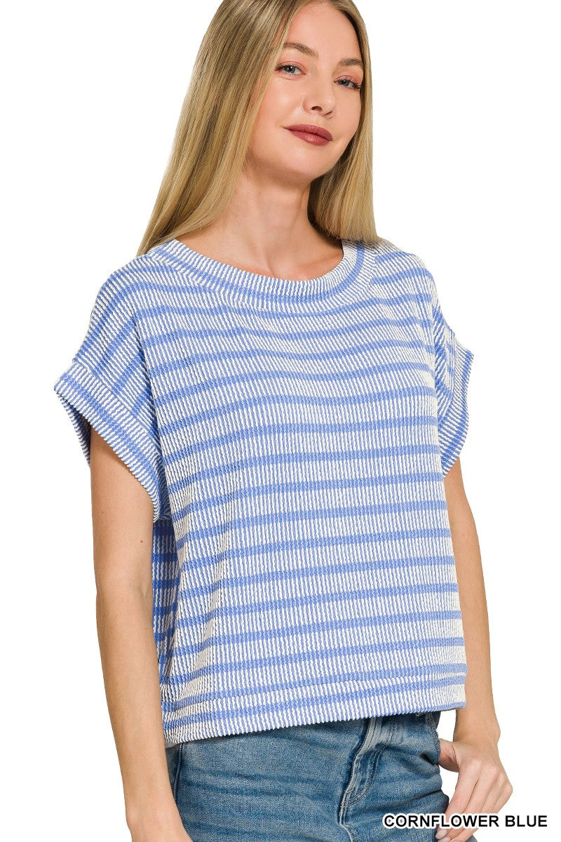 Cornflower Blue Stripe Ribbed Top