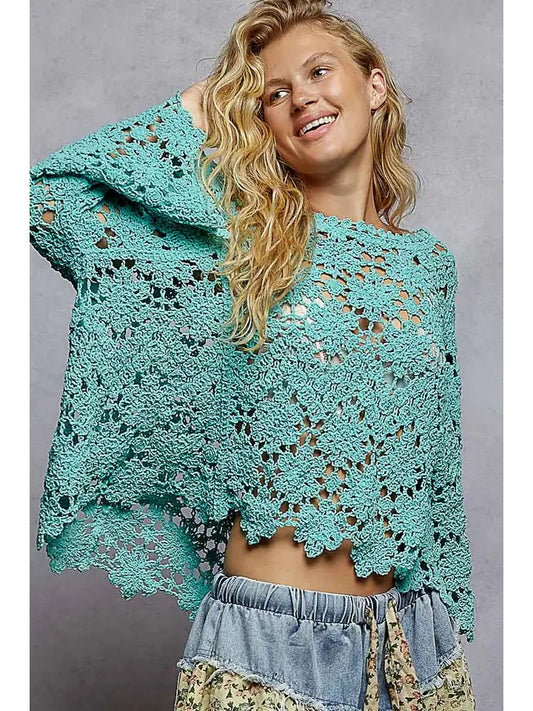 Teal Flare Sleeve Scalloped Edge Sweater