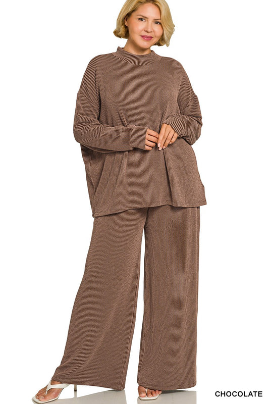 Plus Chocolate Raised Rib Long Sleeve Set
