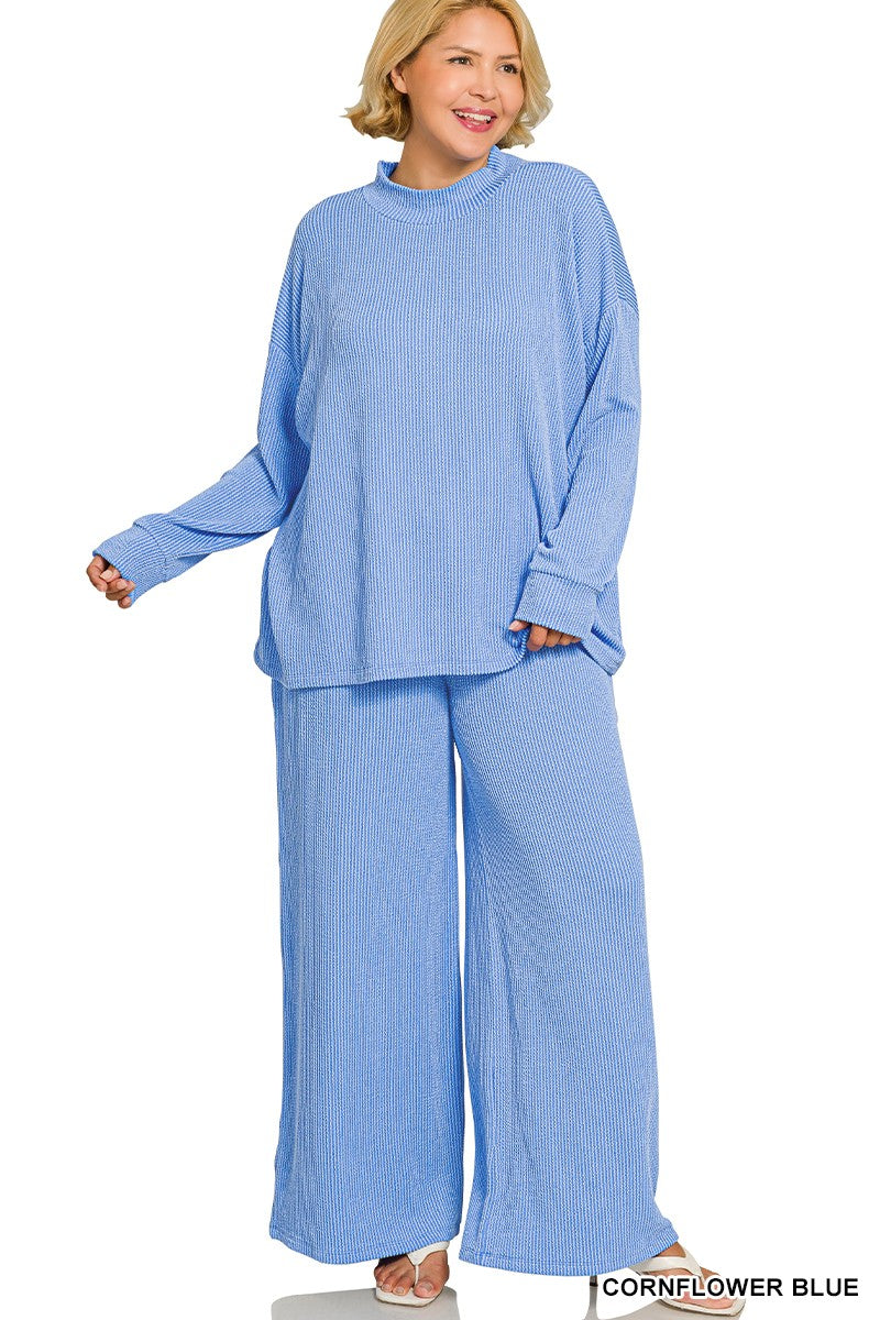 Plus Cornflower Raised Rib Long Sleeve Set