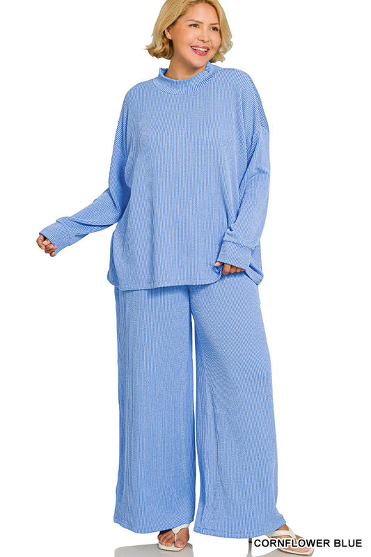 Plus Cornflower Raised Rib Long Sleeve Set