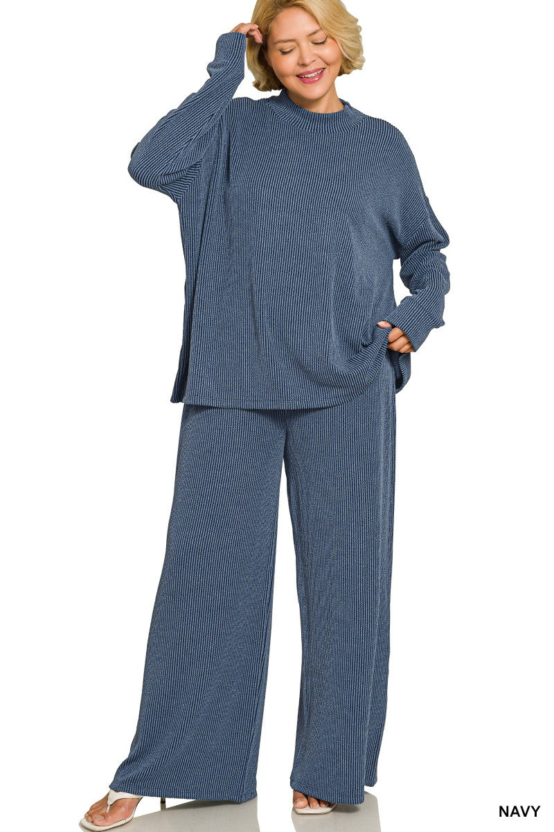 Plus Navy Raised Rib Long Sleeve Set