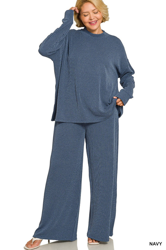 Plus Navy Raised Rib Long Sleeve Set