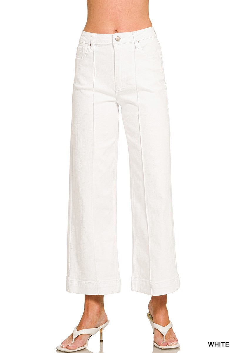 White High Rise Wide Leg Pintuck Color Denim Pants