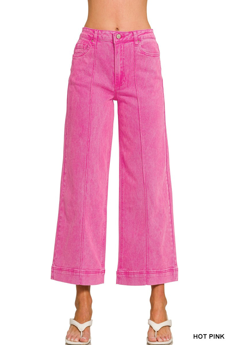 Hot Pink High Rise Wide Leg Pintuck Color Denim Pants