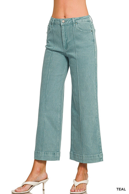 Teal High Rise Wide Leg Pintuck Color Denim Pants