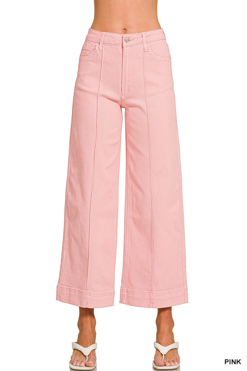 Pink High Rise Wide Leg Pintuck Color Denim Pants