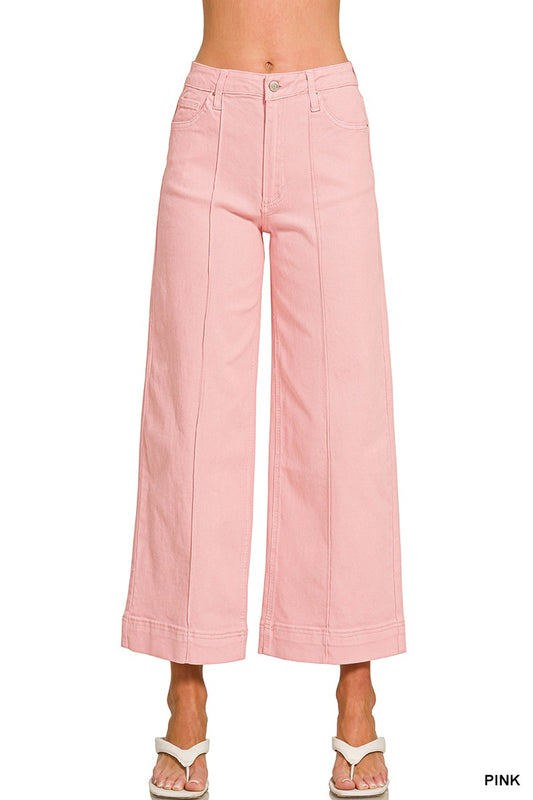 Pink High Rise Wide Leg Pintuck Color Denim Pants