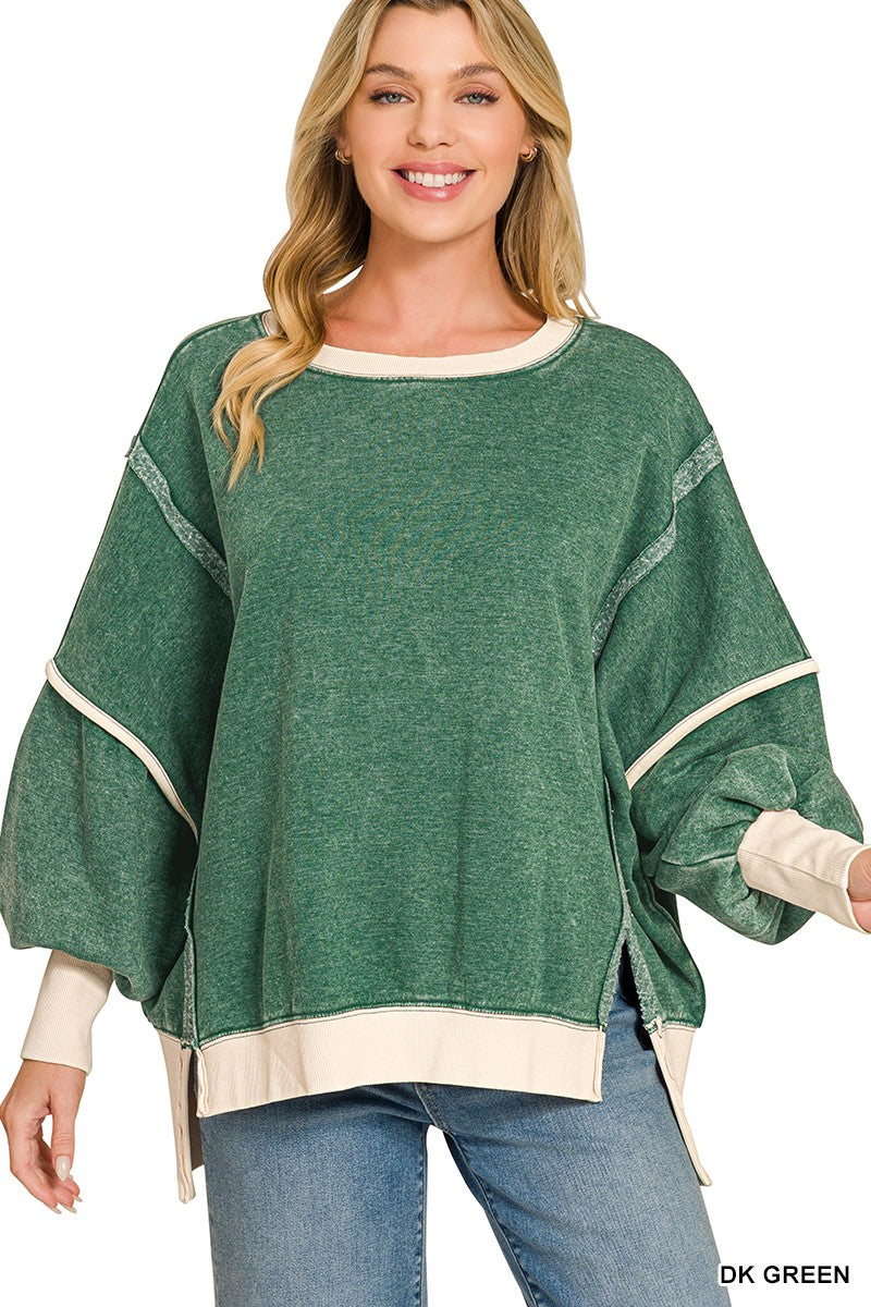 Dark Green Fleece Acid Wash Sweatshirt