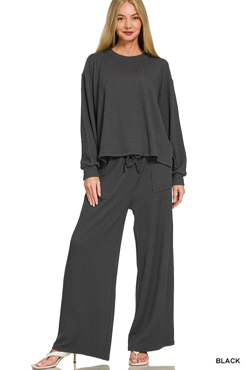 Black Raised Rib Pants Set