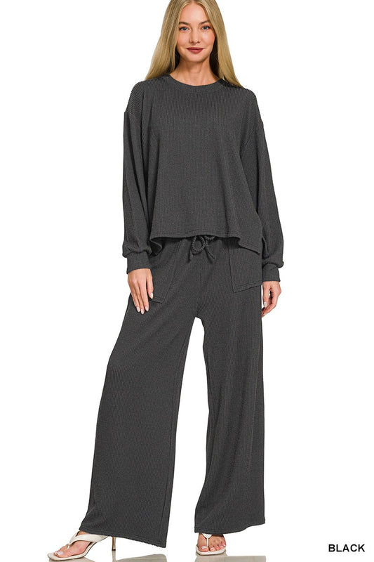 Black Raised Rib Pants Set