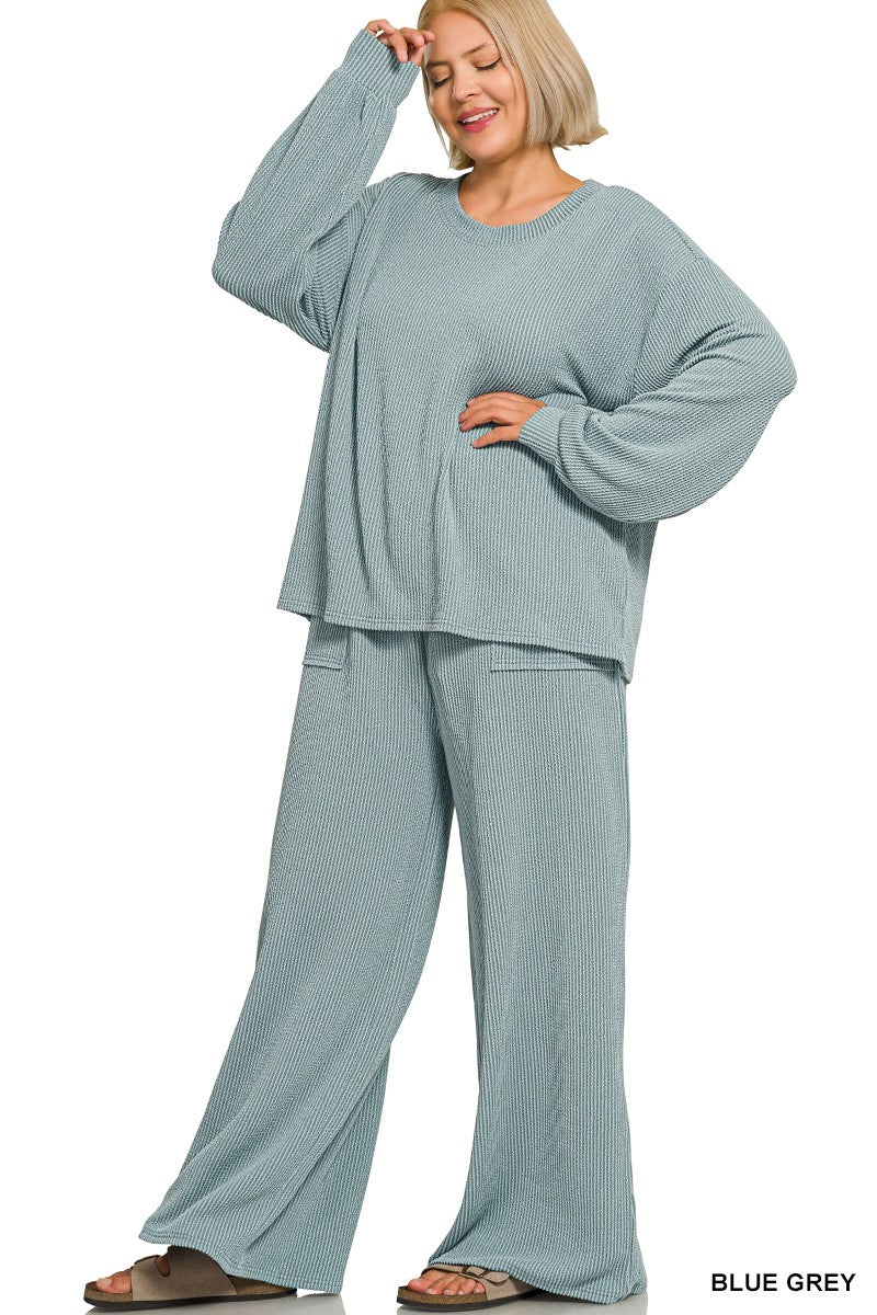Plus Blue Grey Raised Rib Pants Set