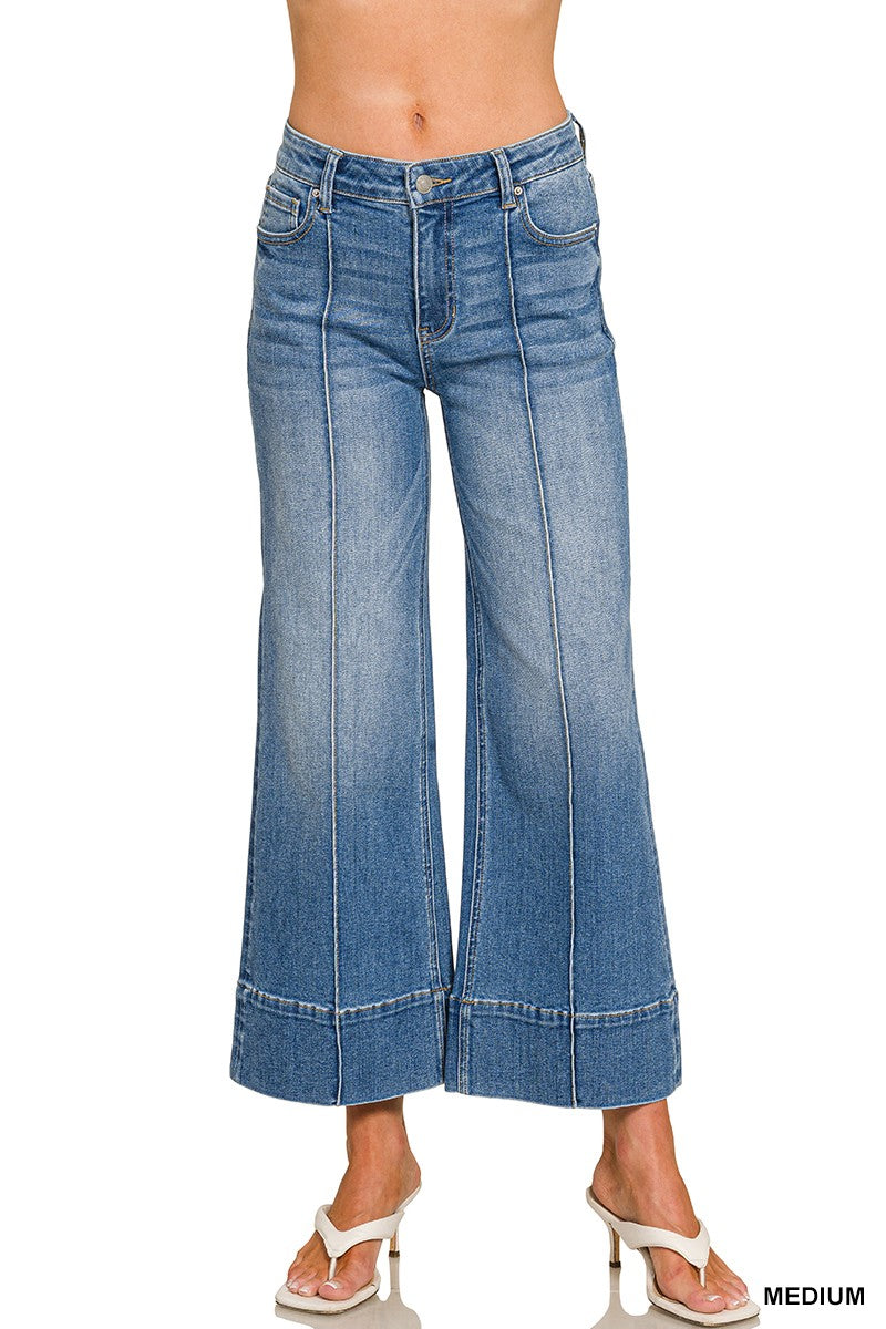 Medium Cropped Wide Leg Pintuck Denim Pants