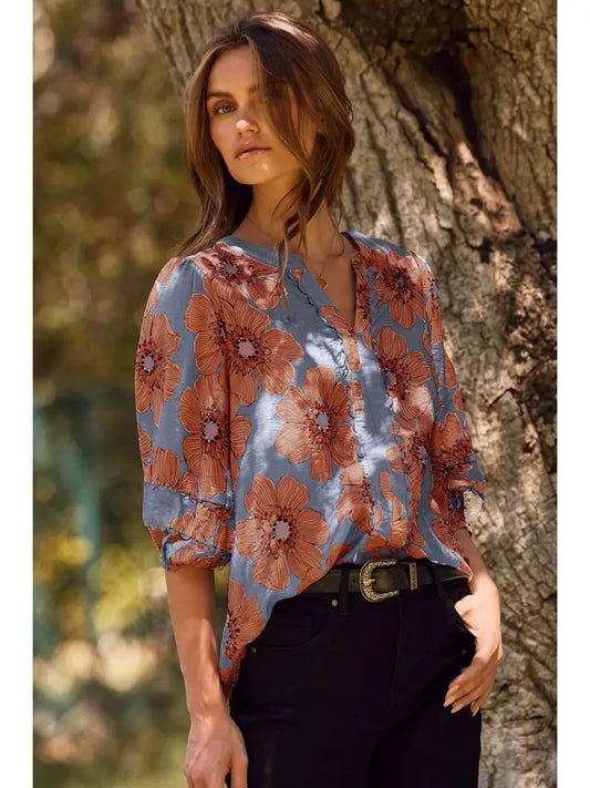 Floral Printed Blue and White Blouse