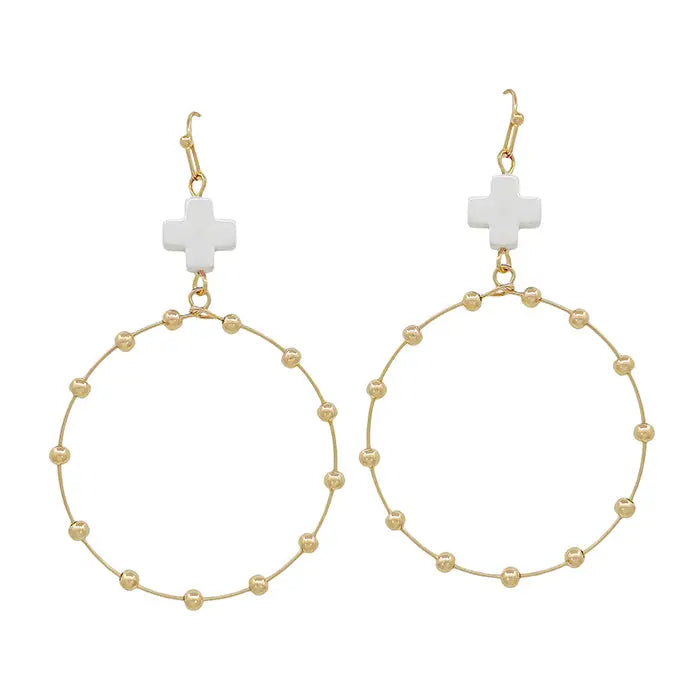 White Cross Shape with Gold Beaded Hoop Earrings