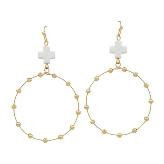 White Cross Shape with Gold Beaded Hoop Earrings