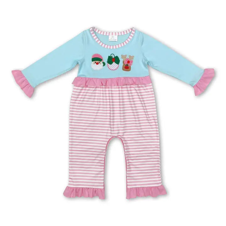 Santa Deer Long Sleeves Pink Stripe Romper