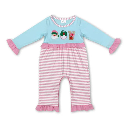Santa Deer Long Sleeves Pink Stripe Romper