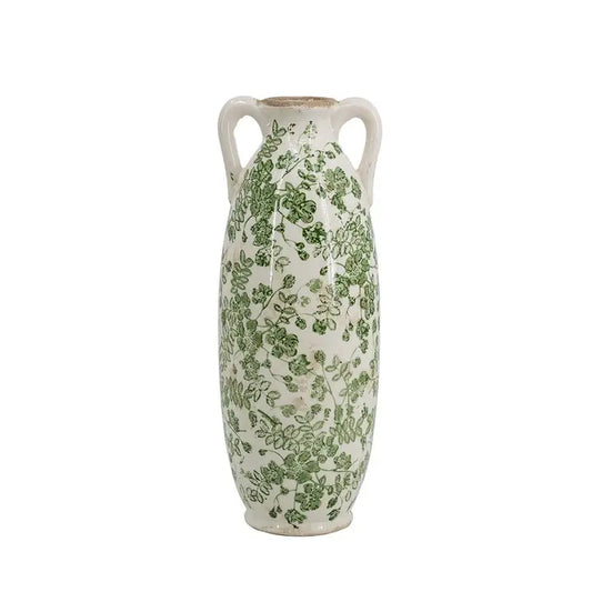 White Ceramic Floral Vase Floral Pattern & Handles