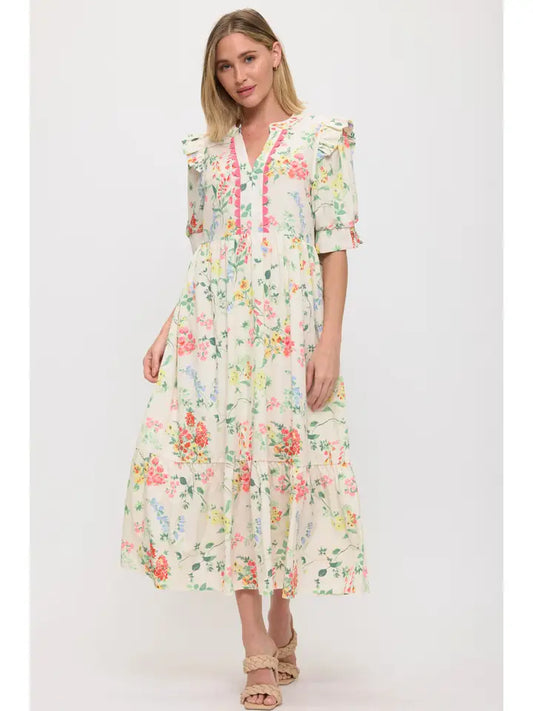 Cream Floral Tiered Dress