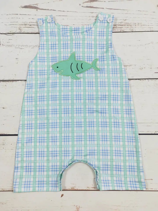 Baby Boy Shark Applique Checkered Romper