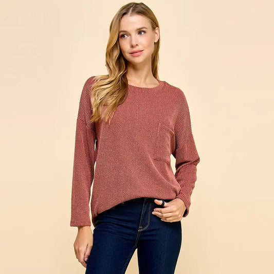 Rust Solid Ribbed Top with Pockets
