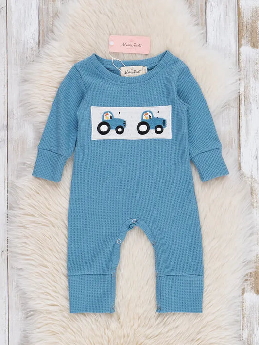 Blue Smocked Tractors Romper