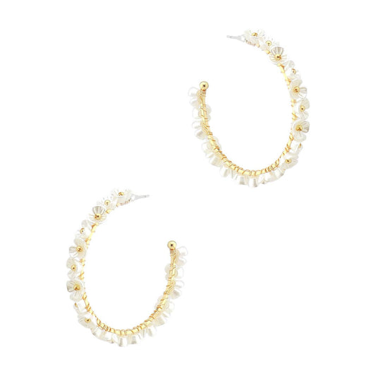 Pearlized Flower 1.75" Hoop Earring