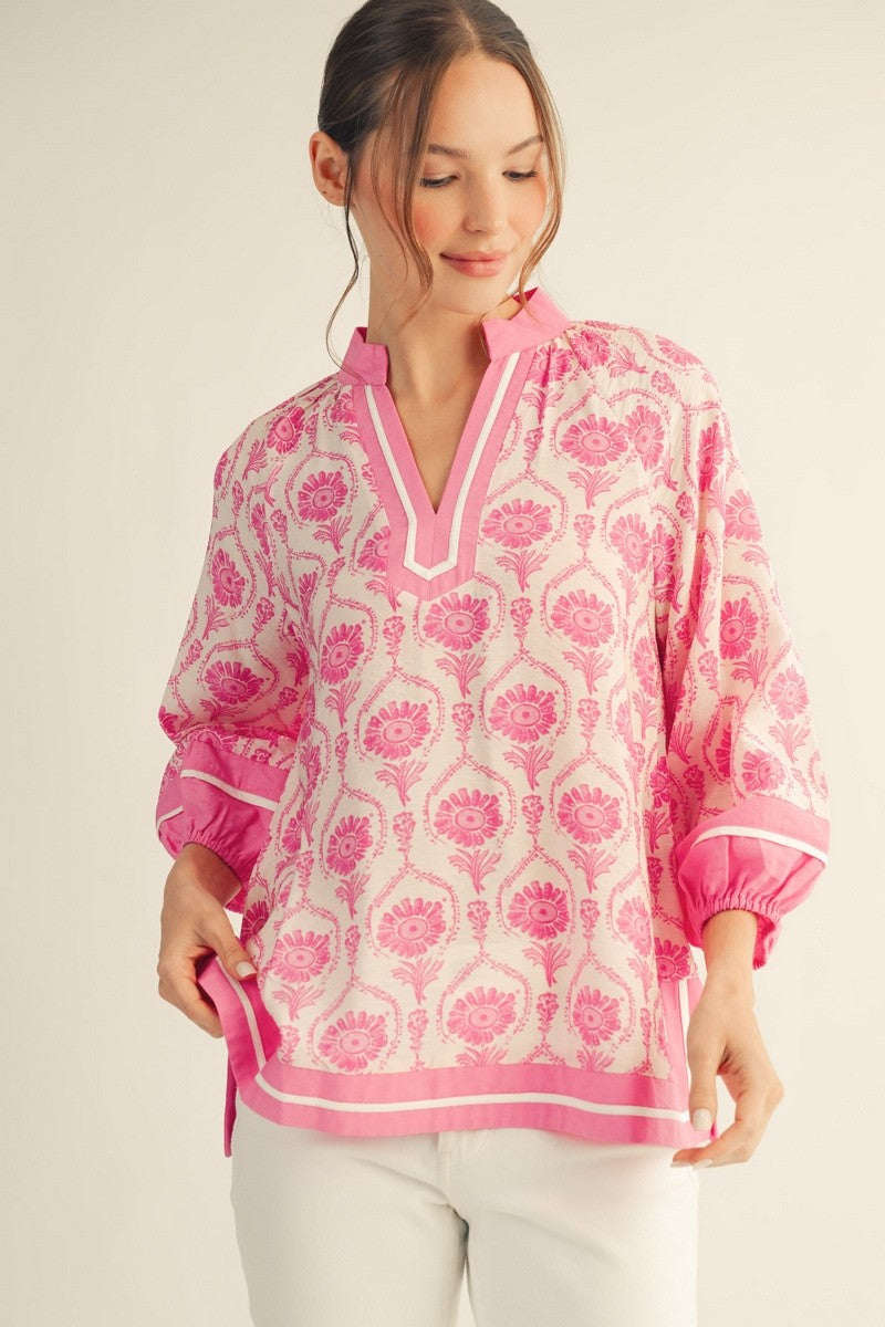 Plus Pink and White Contrast Detail Top